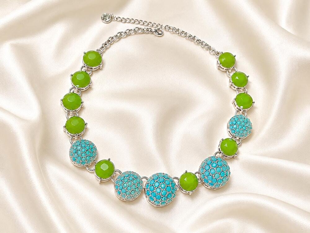 Liz Claiborne Blue Green Statement Necklace 
Silver Tone Bubble Disc Necklace